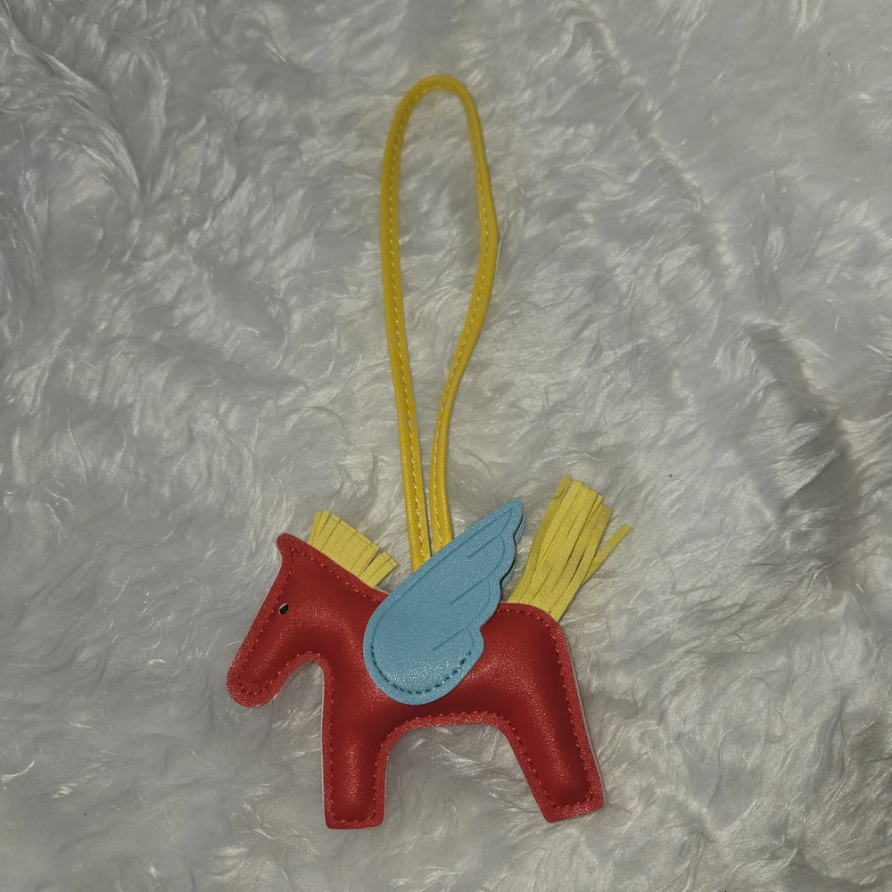 Red Pegasus Leather Bag Charm with Blue Wing and Yellow Strap